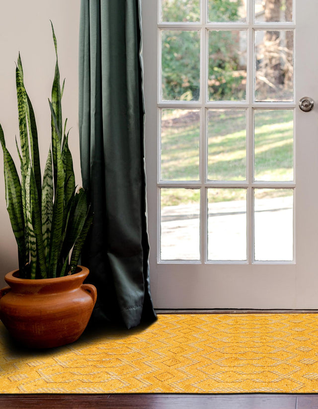 Yellow 2' x 6' Outdoor Trellis Textured Runner Area Rug Weather Resistant for Patio, Deck, Terrace, Balcony, Porch Geometric Design Water Safe Outside Carpet for Sale at Rug Engine