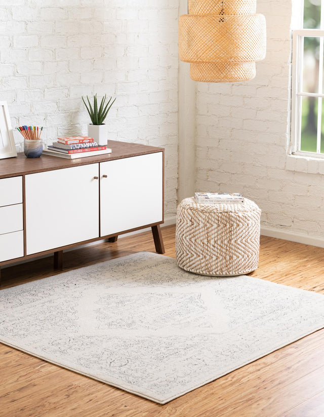 White 5' x 5' Isabella Square Area Rug Polypropylene & Polyester Traditional Elegant Carpet for Living Rooms, Dining, Office, Dorms for Sale at Rug Engine