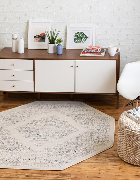 White 7' 10 x 7' 10 Isabella Octagon Area Rug Polypropylene & Polyester Traditional Elegant Carpet for Living Rooms, Dining, Office, Dorms for Sale at Rug Engine