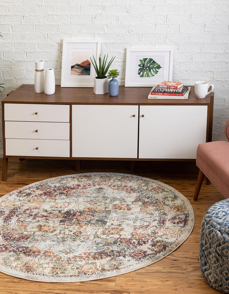 Ivory 7' 10 x 7' 10 Isabella Round Area Rug Polypropylene & Polyester Traditional Elegant Carpet for Living Rooms, Dining, Office, Dorms for Sale at Rug Engine