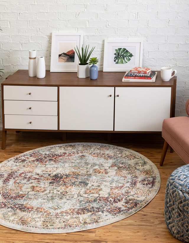 Ivory 7' 10 x 7' 10 Isabella Round Area Rug Polypropylene & Polyester Traditional Elegant Carpet for Living Rooms, Dining, Office, Dorms for Sale at Rug Engine