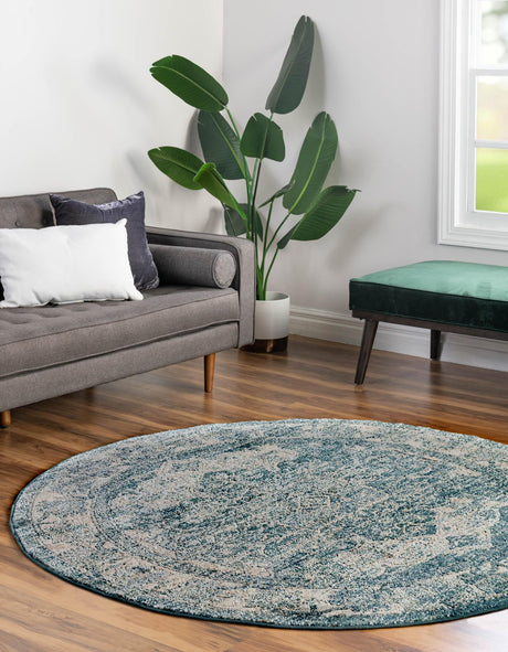 Blue 5' x 5' Isabella Round Area Rug Polypropylene & Polyester Traditional Elegant Carpet for Living Rooms, Dining, Office, Dorms for Sale at Rug Engine