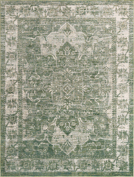 Green 9' x 12' Isabella Rectangle Area Rug Polypropylene & Polyester Traditional Elegant Carpet for Living Rooms, Dining, Office, Dorms for Sale at Rug Engine