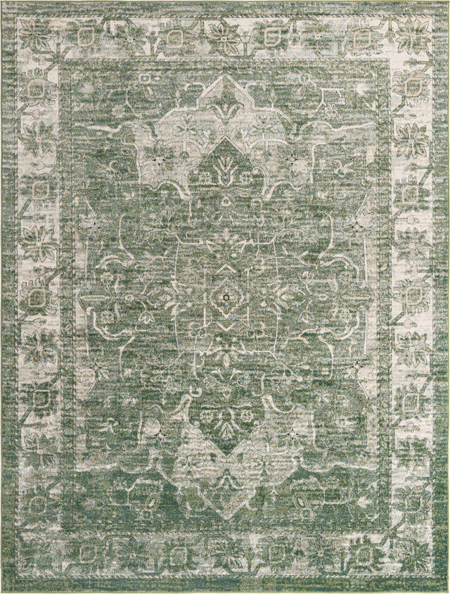 Green 9' x 12' Isabella Rectangle Area Rug Polypropylene & Polyester Traditional Elegant Carpet for Living Rooms, Dining, Office, Dorms for Sale at Rug Engine