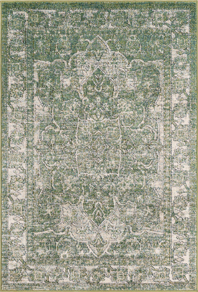 Green 4' 1 x 6' 1 Isabella Rectangle Area Rug Polypropylene & Polyester Traditional Elegant Carpet for Living Rooms, Dining, Office, Dorms for Sale at Rug Engine