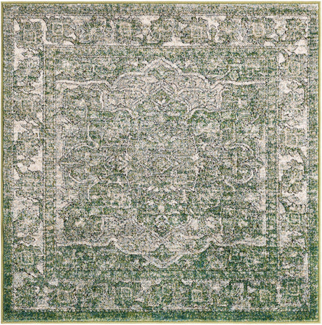 Green 4' 1 x 4' 1 Isabella Square Area Rug Polypropylene & Polyester Traditional Elegant Carpet for Living Rooms, Dining, Office, Dorms for Sale at Rug Engine