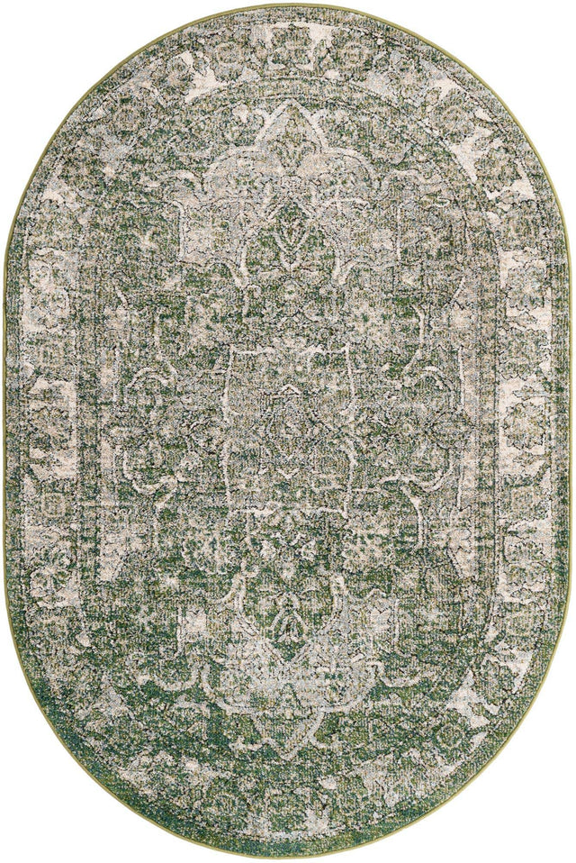 Green 4' 1 x 6' 1 Isabella Oval Area Rug Polypropylene & Polyester Traditional Elegant Carpet for Living Rooms, Dining, Office, Dorms for Sale at Rug Engine
