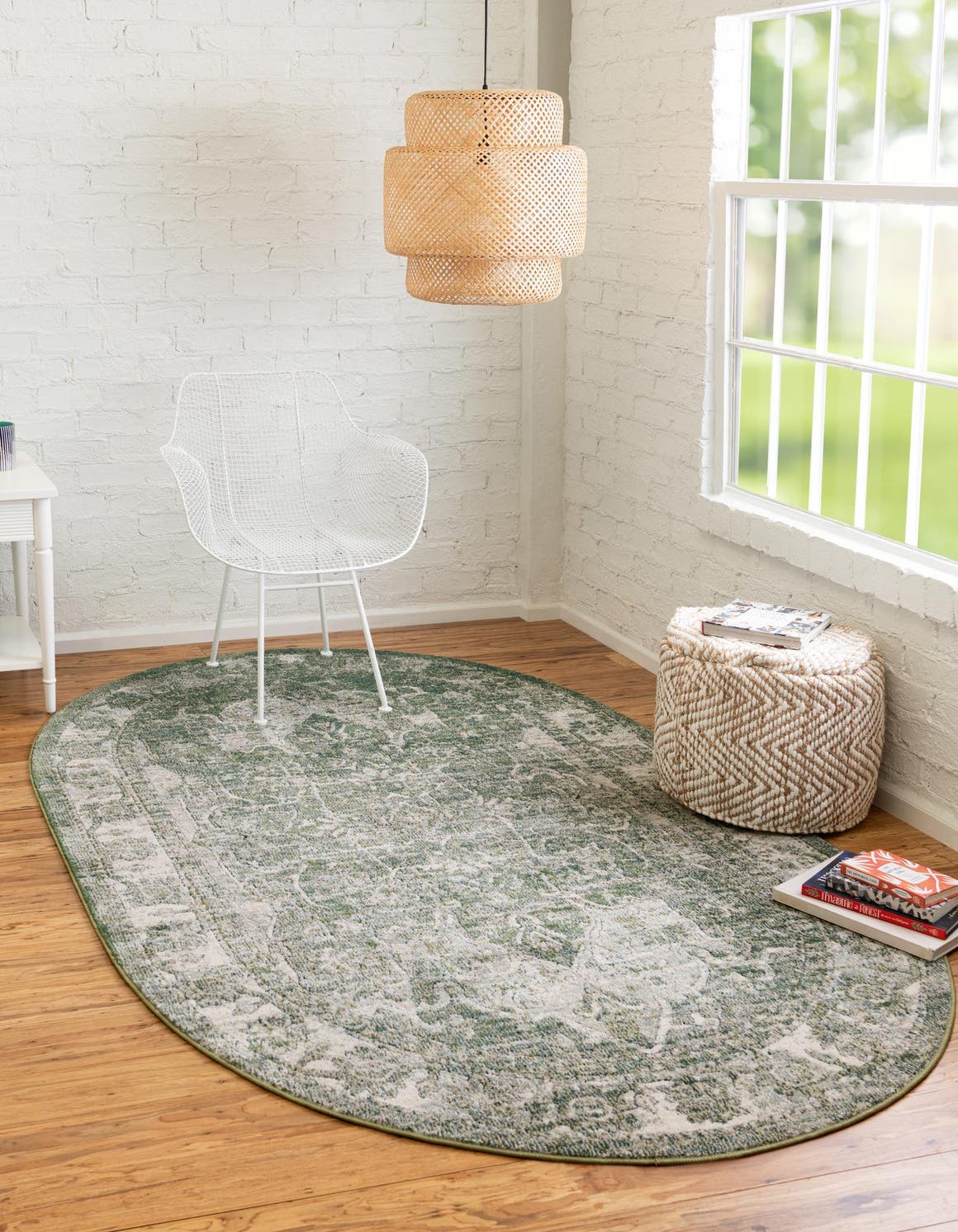 Green 5' 1 x 8' Isabella Oval Area Rug Polypropylene & Polyester Traditional Elegant Carpet for Living Rooms, Dining, Office, Dorms for Sale at Rug Engine