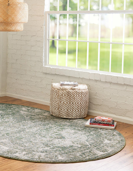 Green 5' 1 x 8' Isabella Oval Area Rug Polypropylene & Polyester Traditional Elegant Carpet for Living Rooms, Dining, Office, Dorms for Sale at Rug Engine