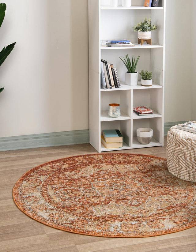 Rust Red 7' 10 x 7' 10 Isabella Round Area Rug Polypropylene & Polyester Traditional Elegant Carpet for Living Rooms, Dining, Office, Dorms for Sale at Rug Engine