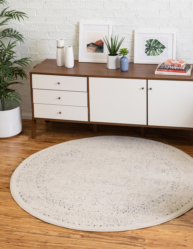 White 6' 1 x 6' 1 Isabella Round Area Rug Polypropylene & Polyester Traditional Elegant Carpet for Living Rooms, Dining, Office, Dorms for Sale at Rug Engine