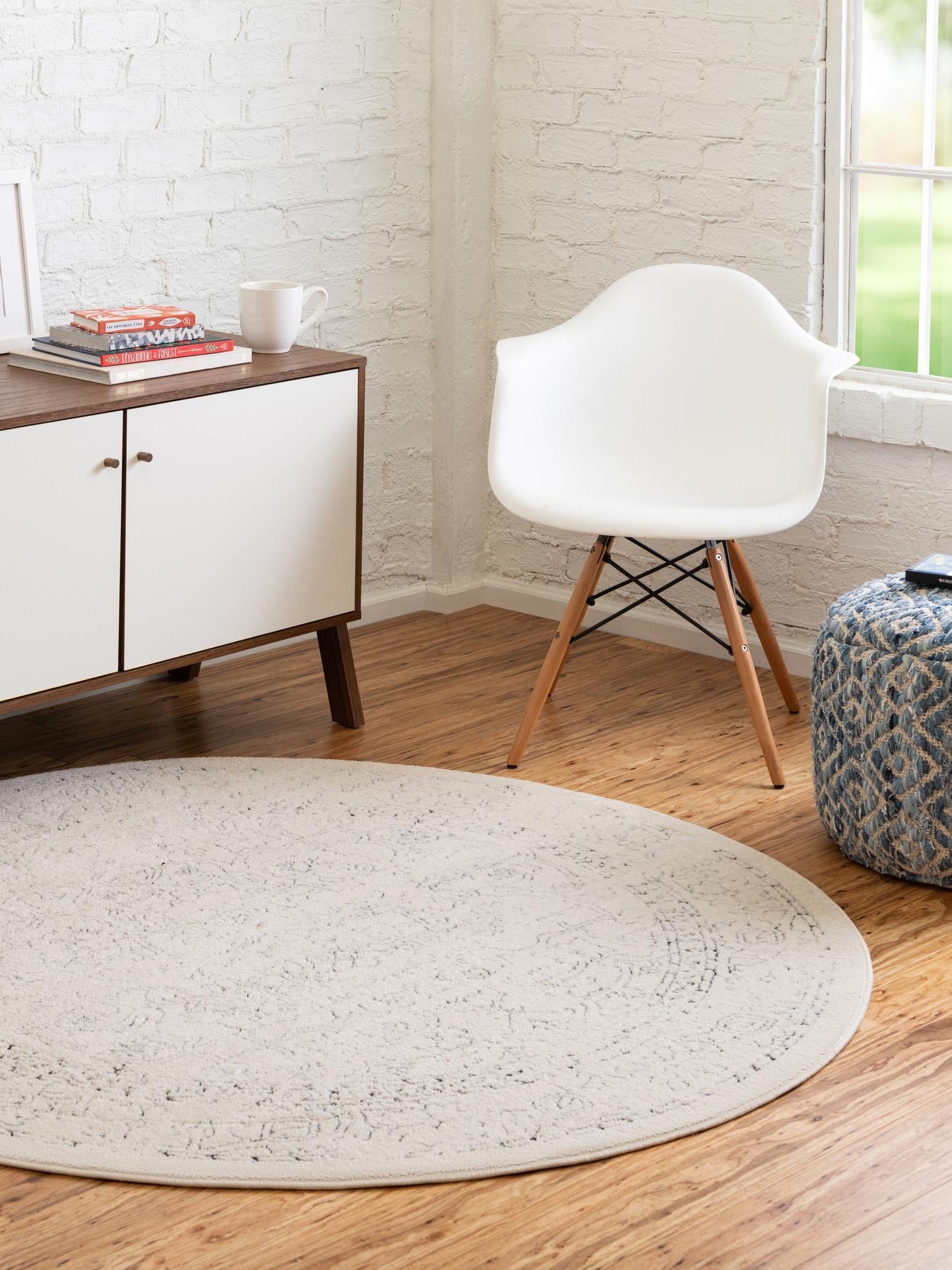 White 6' 1 x 6' 1 Isabella Round Area Rug Polypropylene & Polyester Traditional Elegant Carpet for Living Rooms, Dining, Office, Dorms for Sale at Rug Engine