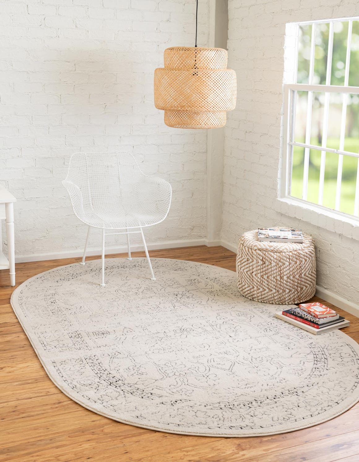 White 4' 1 x 6' 1 Isabella Oval Area Rug Polypropylene & Polyester Traditional Elegant Carpet for Living Rooms, Dining, Office, Dorms for Sale at Rug Engine