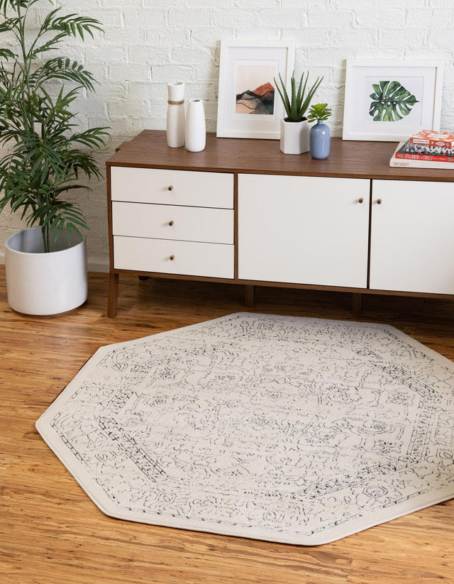 White 7' 10 x 7' 10 Isabella Octagon Area Rug Polypropylene & Polyester Traditional Elegant Carpet for Living Rooms, Dining, Office, Dorms for Sale at Rug Engine