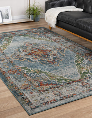 Blue 7' 10 x 10' Isabella Rectangle Area Rug Polypropylene & Polyester Traditional Elegant Carpet for Living Rooms, Dining, Office, Dorms for Sale at Rug Engine