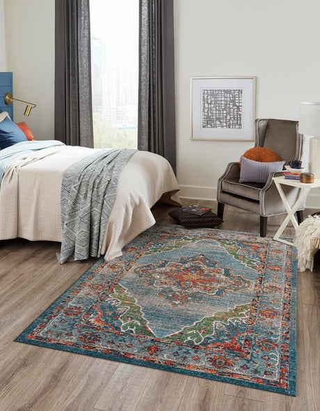 Blue 4' 1 x 6' 1 Isabella Rectangle Area Rug Polypropylene & Polyester Traditional Elegant Carpet for Living Rooms, Dining, Office, Dorms for Sale at Rug Engine