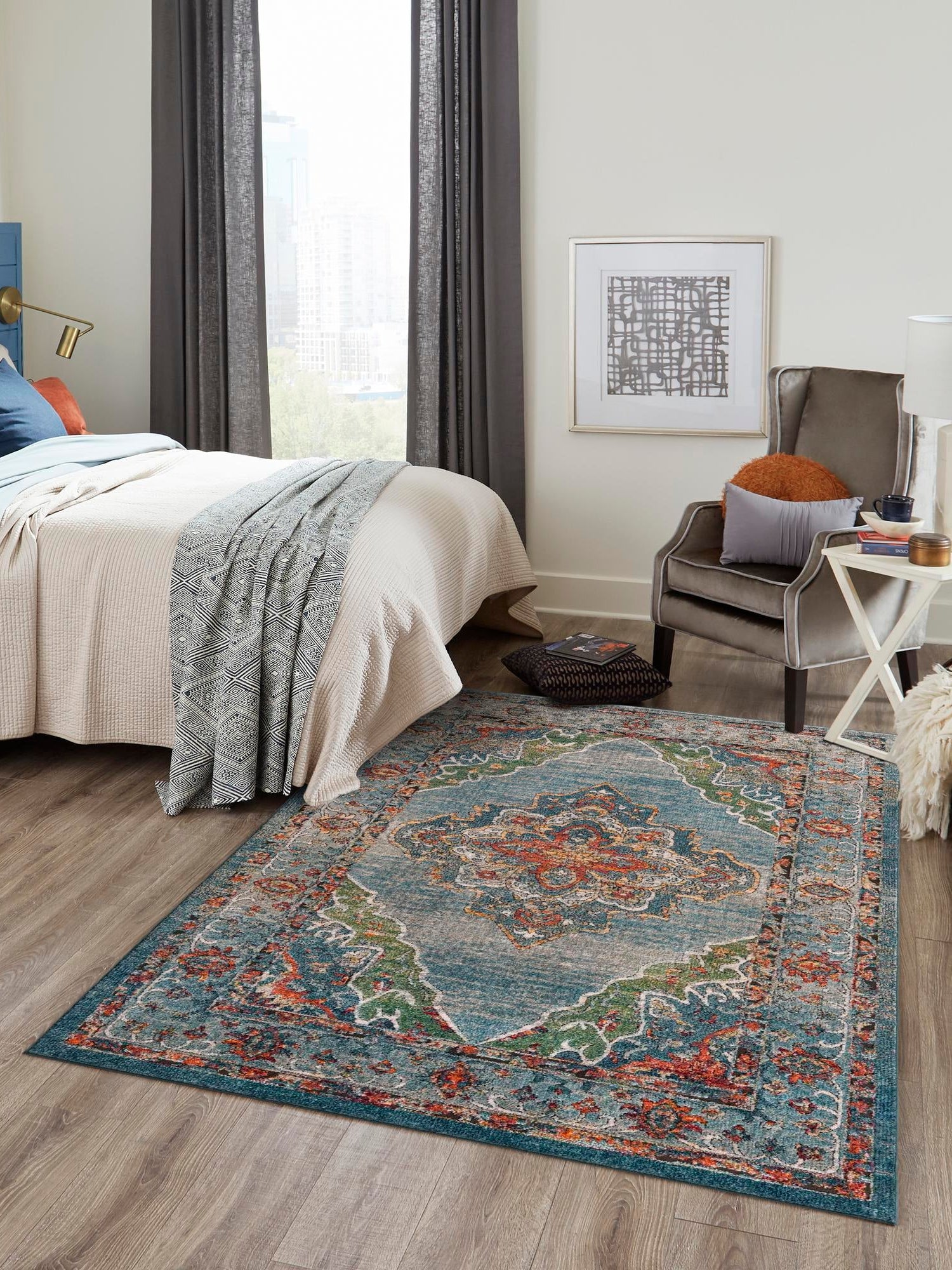 Blue 7' 10 x 10' Isabella Rectangle Area Rug Polypropylene & Polyester Traditional Elegant Carpet for Living Rooms, Dining, Office, Dorms for Sale at Rug Engine
