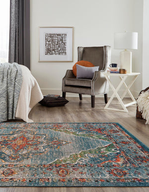Blue 7' 10 x 10' Isabella Rectangle Area Rug Polypropylene & Polyester Traditional Elegant Carpet for Living Rooms, Dining, Office, Dorms for Sale at Rug Engine