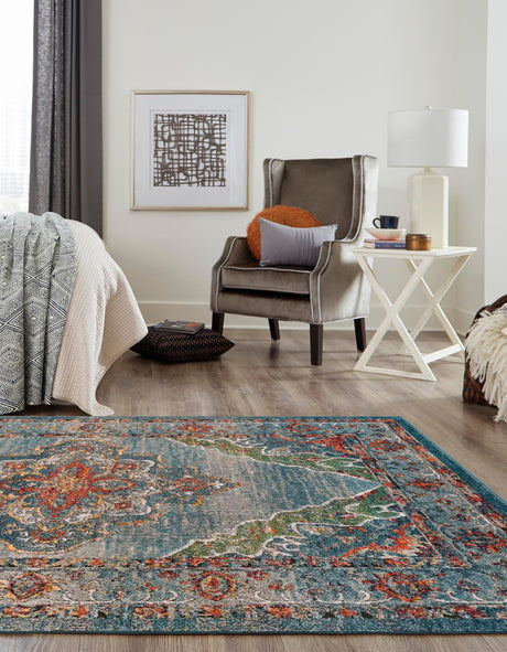 Blue 6' 1 x 9' Isabella Rectangle Area Rug Polypropylene & Polyester Traditional Elegant Carpet for Living Rooms, Dining, Office, Dorms for Sale at Rug Engine