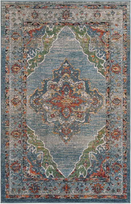 Blue 5' 1 x 8' Isabella Rectangle Area Rug Polypropylene & Polyester Traditional Elegant Carpet for Living Rooms, Dining, Office, Dorms for Sale at Rug Engine