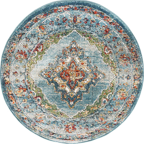 Blue 3' 3 x 3' 3 Isabella Round Area Rug Polypropylene & Polyester Traditional Elegant Carpet for Living Rooms, Dining, Office, Dorms for Sale at Rug Engine
