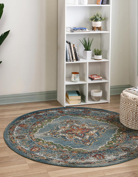 Blue 5' 1 x 5' 1 Isabella Round Area Rug Polypropylene & Polyester Traditional Elegant Carpet for Living Rooms, Dining, Office, Dorms for Sale at Rug Engine
