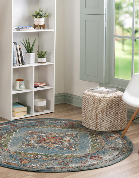 Blue 3' 3 x 3' 3 Isabella Round Area Rug Polypropylene & Polyester Traditional Elegant Carpet for Living Rooms, Dining, Office, Dorms for Sale at Rug Engine