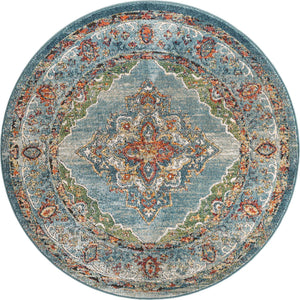 Blue 5' 1 x 5' 1 Isabella Round Area Rug Polypropylene & Polyester Traditional Elegant Carpet for Living Rooms, Dining, Office, Dorms for Sale at Rug Engine