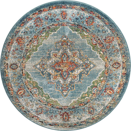 Blue 5' 1 x 5' 1 Isabella Round Area Rug Polypropylene & Polyester Traditional Elegant Carpet for Living Rooms, Dining, Office, Dorms for Sale at Rug Engine