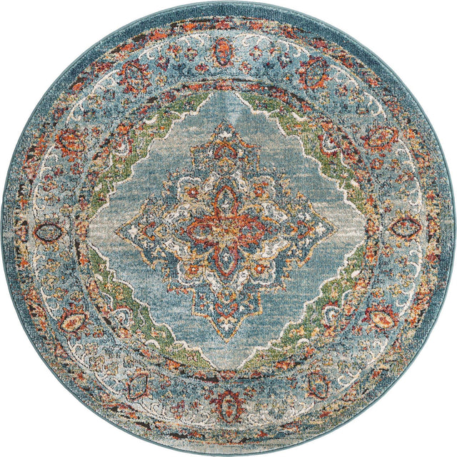 Blue 5' 1 x 5' 1 Isabella Round Area Rug Polypropylene & Polyester Traditional Elegant Carpet for Living Rooms, Dining, Office, Dorms for Sale at Rug Engine