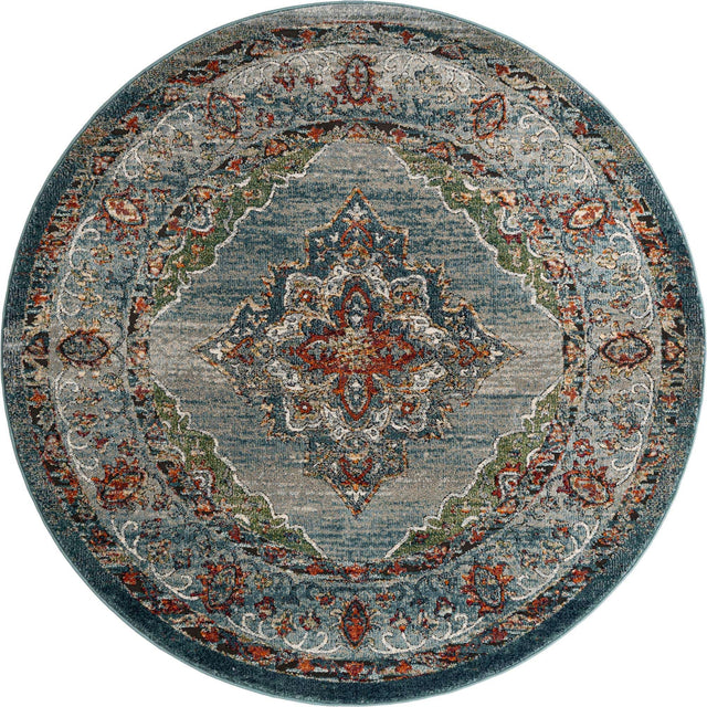 Blue 6' 1 x 6' 1 Isabella Round Area Rug Polypropylene & Polyester Traditional Elegant Carpet for Living Rooms, Dining, Office, Dorms for Sale at Rug Engine
