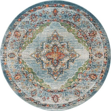 Blue 7' 10 x 7' 10 Isabella Round Area Rug Polypropylene & Polyester Traditional Elegant Carpet for Living Rooms, Dining, Office, Dorms for Sale at Rug Engine