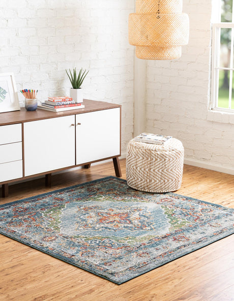 Blue 4' 1 x 4' 1 Isabella Square Area Rug Polypropylene & Polyester Traditional Elegant Carpet for Living Rooms, Dining, Office, Dorms for Sale at Rug Engine