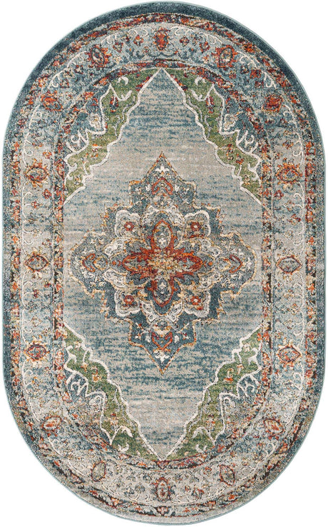 Blue 5' 1 x 8' Isabella Oval Area Rug Polypropylene & Polyester Traditional Elegant Carpet for Living Rooms, Dining, Office, Dorms for Sale at Rug Engine