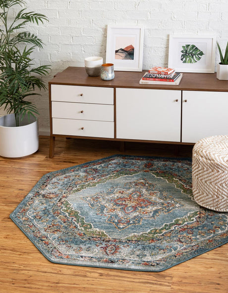 Blue 5' 1 x 5' 1 Isabella Octagon Area Rug Polypropylene & Polyester Traditional Elegant Carpet for Living Rooms, Dining, Office, Dorms for Sale at Rug Engine