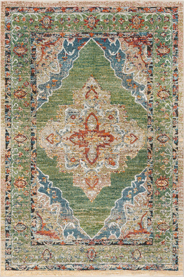 Green 6' 1 x 9' Isabella Rectangle Area Rug Polypropylene & Polyester Traditional Elegant Carpet for Living Rooms, Dining, Office, Dorms for Sale at Rug Engine