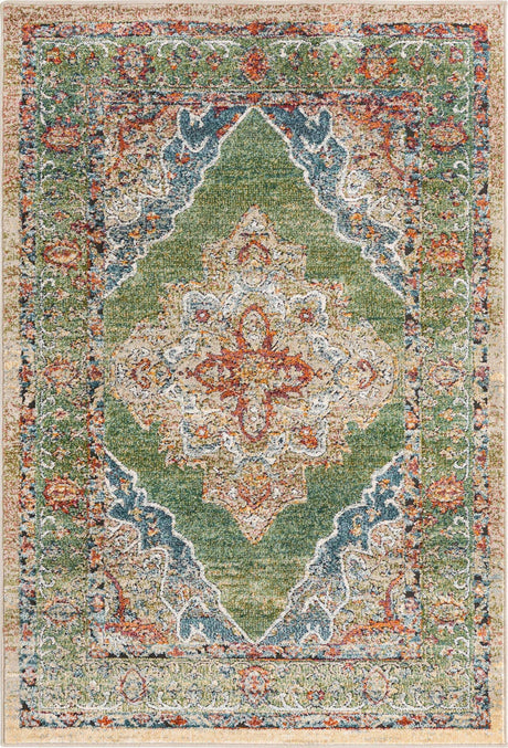 Green 4' 1 x 6' 1 Isabella Rectangle Area Rug Polypropylene & Polyester Traditional Elegant Carpet for Living Rooms, Dining, Office, Dorms for Sale at Rug Engine