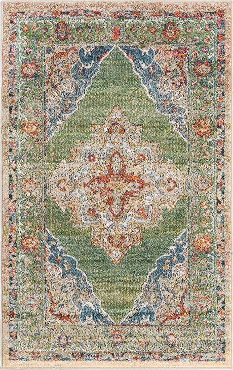 Green 3' 3 x 5' 3 Isabella Rectangle Area Rug Polypropylene & Polyester Traditional Elegant Carpet for Living Rooms, Dining, Office, Dorms for Sale at Rug Engine