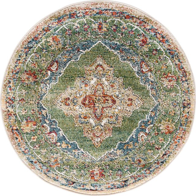 Green 3' 3 x 3' 3 Isabella Round Area Rug Polypropylene & Polyester Traditional Elegant Carpet for Living Rooms, Dining, Office, Dorms for Sale at Rug Engine