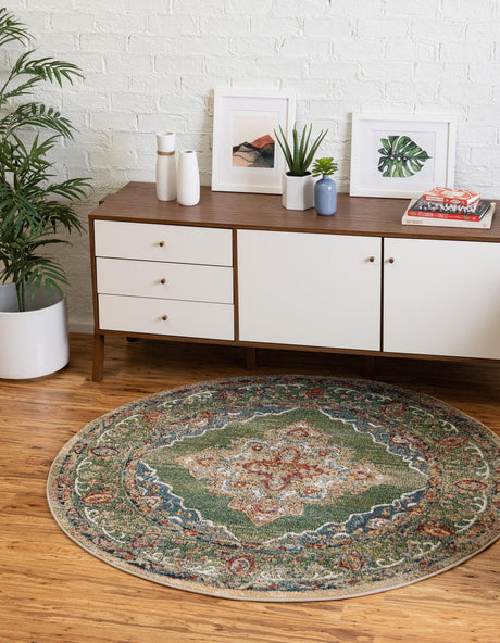Green 10' x 10' Isabella Round Area Rug Polypropylene & Polyester Traditional Elegant Carpet for Living Rooms, Dining, Office, Dorms for Sale at Rug Engine