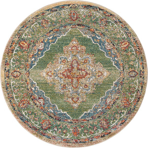 Green 5' 1 x 5' 1 Isabella Round Area Rug Polypropylene & Polyester Traditional Elegant Carpet for Living Rooms, Dining, Office, Dorms for Sale at Rug Engine