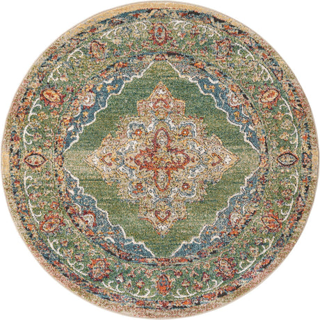 Green 5' 1 x 5' 1 Isabella Round Area Rug Polypropylene & Polyester Traditional Elegant Carpet for Living Rooms, Dining, Office, Dorms for Sale at Rug Engine