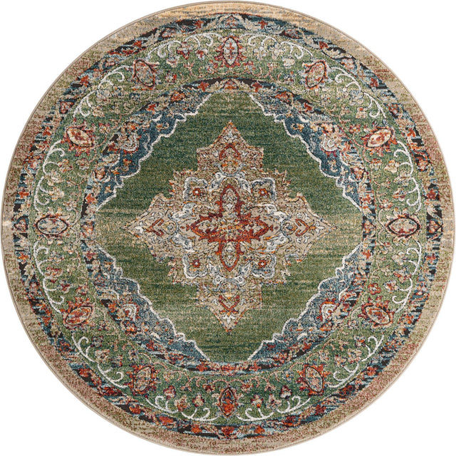 Green 6' 1 x 6' 1 Isabella Round Area Rug Polypropylene & Polyester Traditional Elegant Carpet for Living Rooms, Dining, Office, Dorms for Sale at Rug Engine