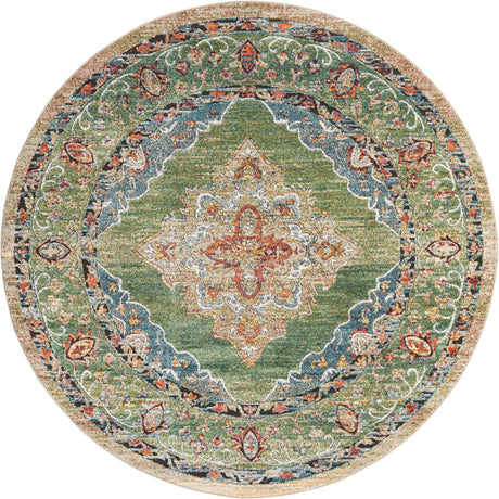 Green 7' 10 x 7' 10 Isabella Round Area Rug Polypropylene & Polyester Traditional Elegant Carpet for Living Rooms, Dining, Office, Dorms for Sale at Rug Engine