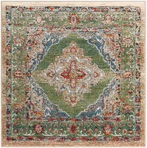 Green 4' 1 x 4' 1 Isabella Square Area Rug Polypropylene & Polyester Traditional Elegant Carpet for Living Rooms, Dining, Office, Dorms for Sale at Rug Engine