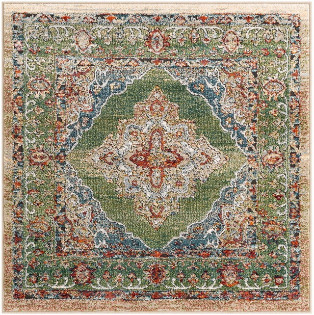 Green 4' 1 x 4' 1 Isabella Square Area Rug Polypropylene & Polyester Traditional Elegant Carpet for Living Rooms, Dining, Office, Dorms for Sale at Rug Engine
