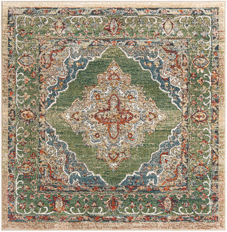 Green 5' 1 x 5' 1 Isabella Square Area Rug Polypropylene & Polyester Traditional Elegant Carpet for Living Rooms, Dining, Office, Dorms for Sale at Rug Engine