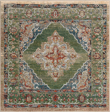 Green 6' 1 x 6' 1 Isabella Square Area Rug Polypropylene & Polyester Traditional Elegant Carpet for Living Rooms, Dining, Office, Dorms for Sale at Rug Engine