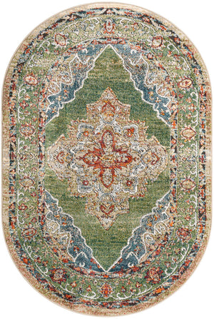 Green 4' 1 x 6' 1 Isabella Oval Area Rug Polypropylene & Polyester Traditional Elegant Carpet for Living Rooms, Dining, Office, Dorms for Sale at Rug Engine