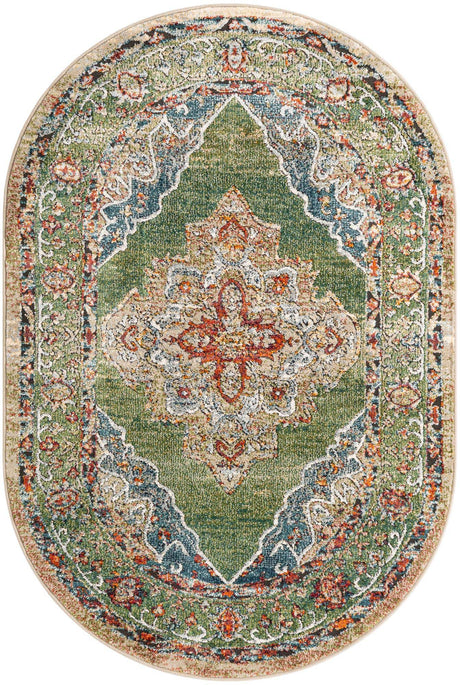 Green 4' 1 x 6' 1 Isabella Oval Area Rug Polypropylene & Polyester Traditional Elegant Carpet for Living Rooms, Dining, Office, Dorms for Sale at Rug Engine